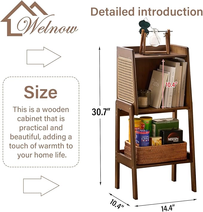 Welnow Bamboo Rattan Bookcase with Cabinet, 1-Tier Storage Shelf with Side Ta...
