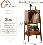 Welnow Bamboo Rattan Bookcase with Cabinet, 1-Tier Storage Shelf with Side Table & End Table Function, Large Modern Wood Organizer for Living Room or Bedroom, Walnut Bookshelf