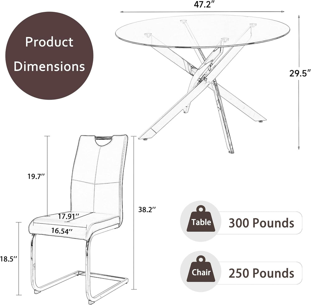 RGZ 5 Pieces Modern Round Kitchen Set, Clear Grey Circle Glass Dining Table w...