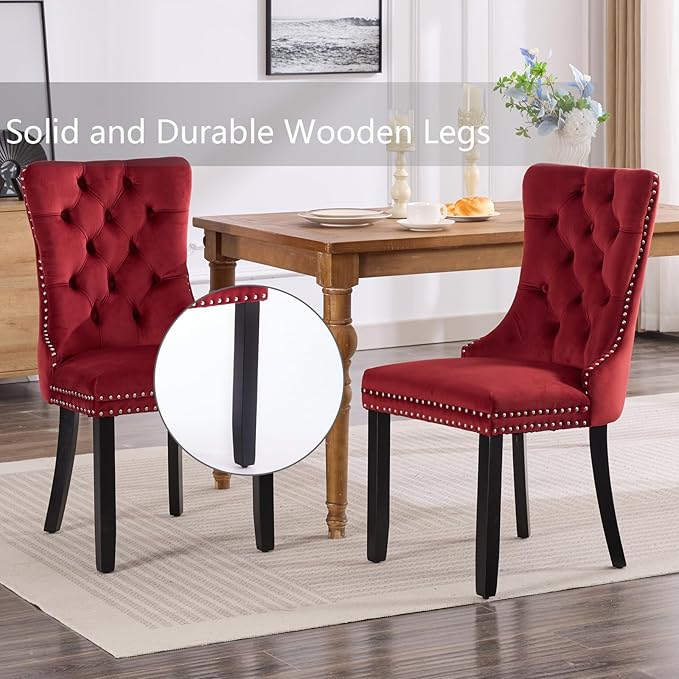 Velvet Dining Chairs Set of 6, Upholstered Dining Room Chairs with Back Ring Pull Trim and Solid Wood Legs,Tufted Wingback Kitchen Chairs for Dining Room,Kitchen(Wine Red)