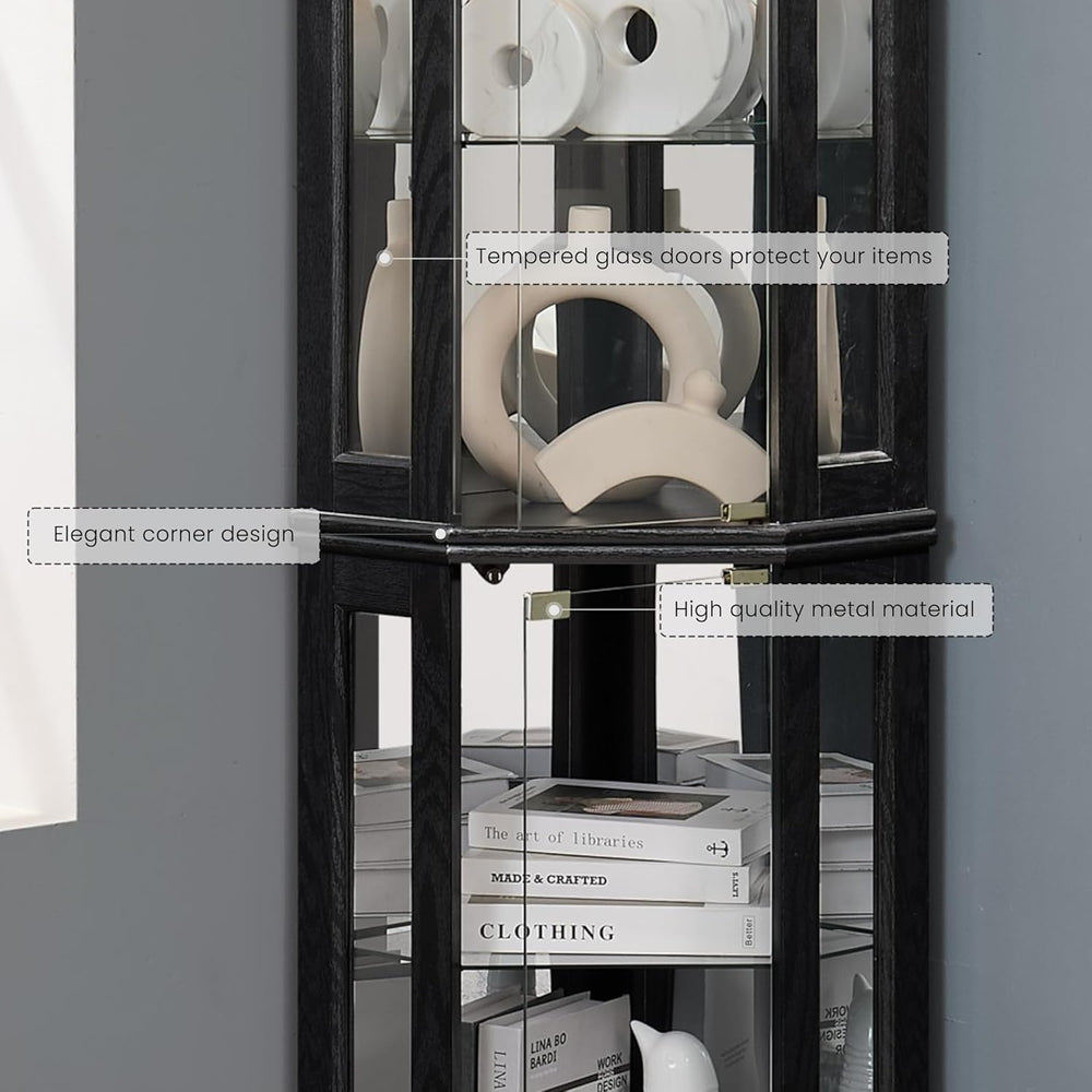 Corner Curio Cabinet, 70" H Lighted Glass Display Cage with Tempered Gla...