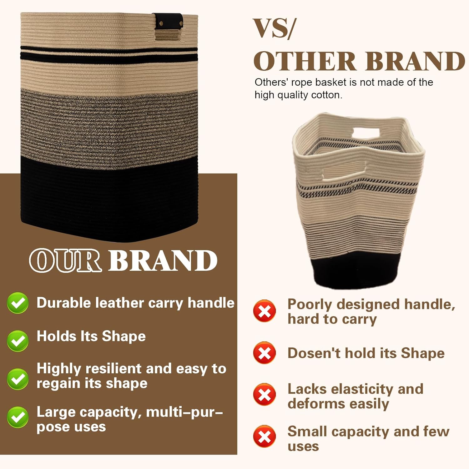 Laundry Hamper, 85L Tall Laundry Basket with Leather Handles, Rectangle Large Clothes Hamper for Organizing, Cotton Woven Laundry Baskets Storage Hampers for Bedroom, Nursery, Living Room