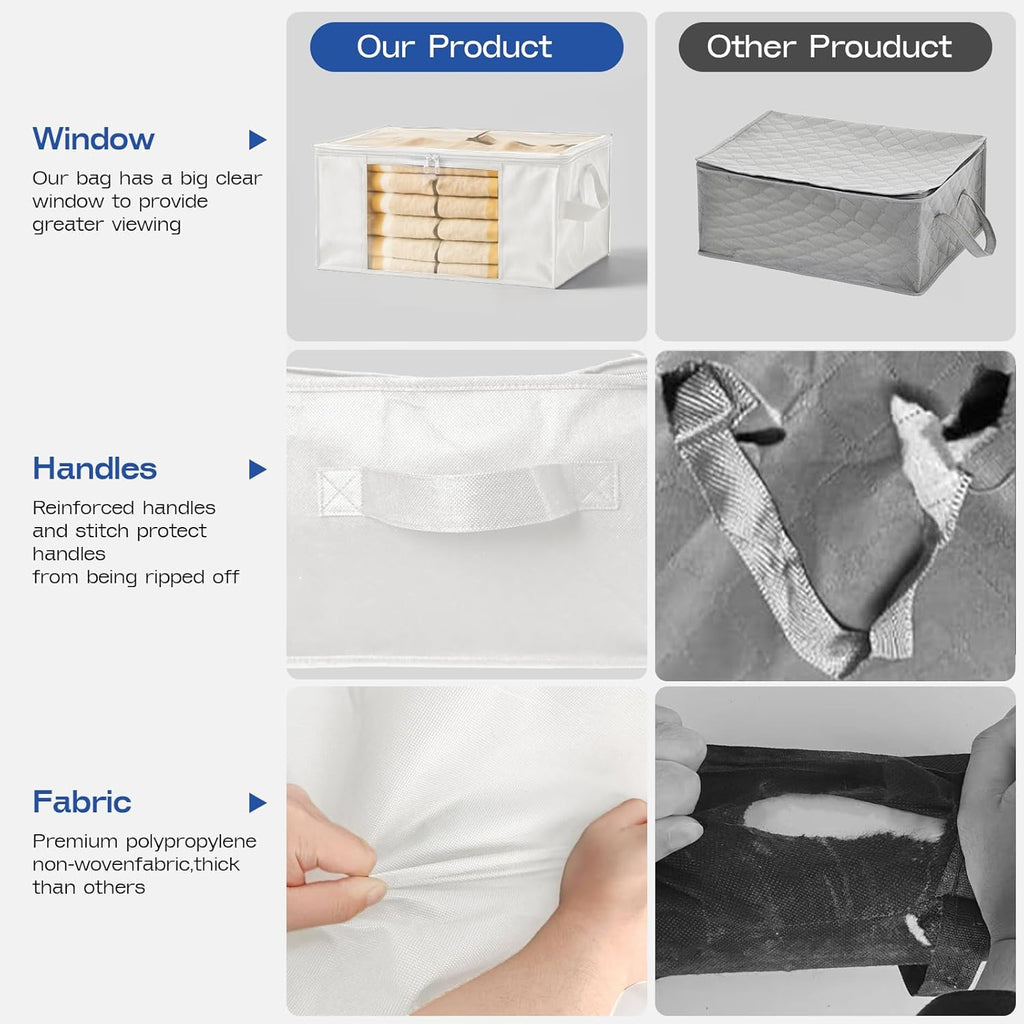 Clothes Storage Bags, Foldable Thick Fabric Blanket Storage Bags, Large Clear Window & Carry Handles, Great for Clothes, Blankets, Closets, Pillows, Toys (White, 4PACK)