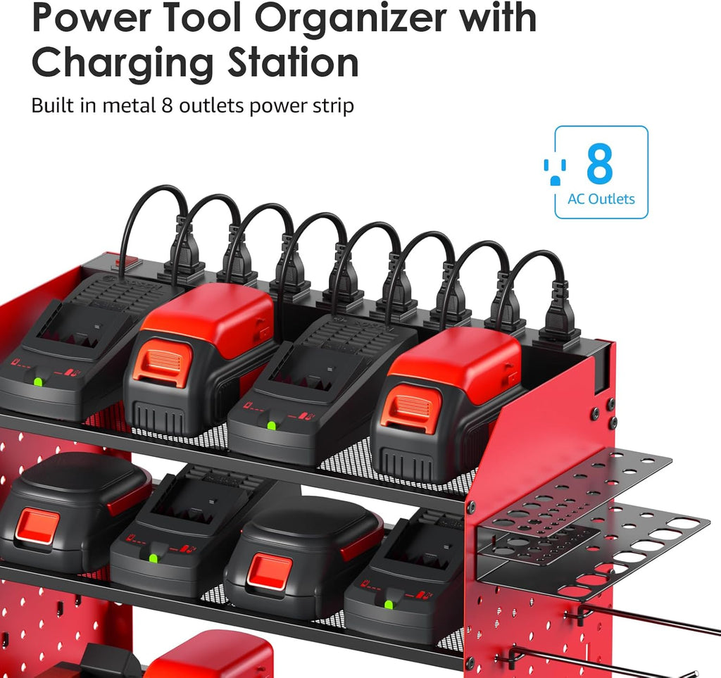 CCCEI Modular Pegboard Rack Power Tool Organizer with Charging Station. 4 Layer Wall Mount Drill Holder, Red Tool Battery Charger Organizer. Garage Shop Storage Utility Shelf with Power Strip.