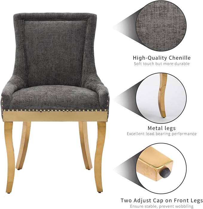 Dining Chairs Set of 6, Kitchen & Dining Room Chairs, Chenille Fabric Upholstered Dinning Chairs, Sillas De Comedor, Nailhead Trim, Metal Legs (Grey, 6 Pcs)