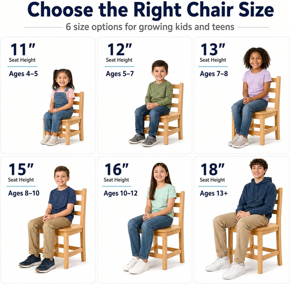 Kids Wooden Chair Set, Fully Assembled Youth Ladderback Wood Chairs for Children, 12" Seat Height for Ages 6-8 (Set of Two)