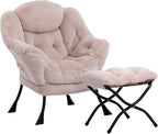 HollyHOME Fabric Lazy Chair with Foldable Ottoman, Accent Comfy Lounge Arm Chair and Folding Footrest Stool Set, Leisure Sofa Reading Chair and Footstool for Living Room, Bedroom, Dorm, Light Camel