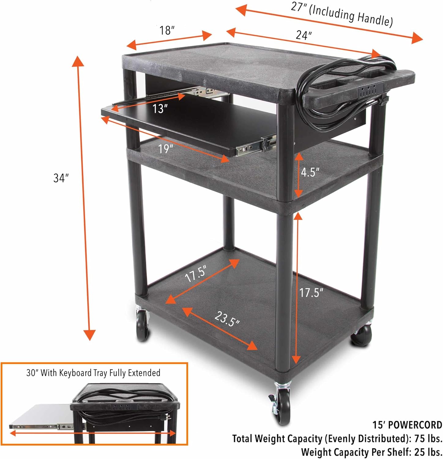 Line Leader Plastic AV Cart with Keyboard Tray, Mobile Workstation with Storage For Offices and Schools, Rolling with 4 Casters, 2 Locking Brakes, Heavy Duty, Holds up to 100 lbs (Black, 24 x 18 x 34)