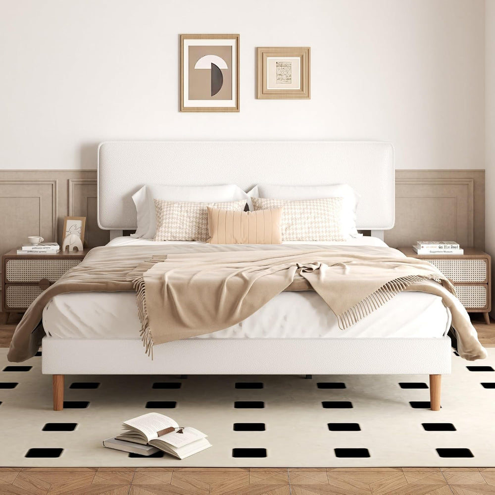 Sismplly King Size Upholstered Bed Frame with Adjustable Headboard, Faux Leat...