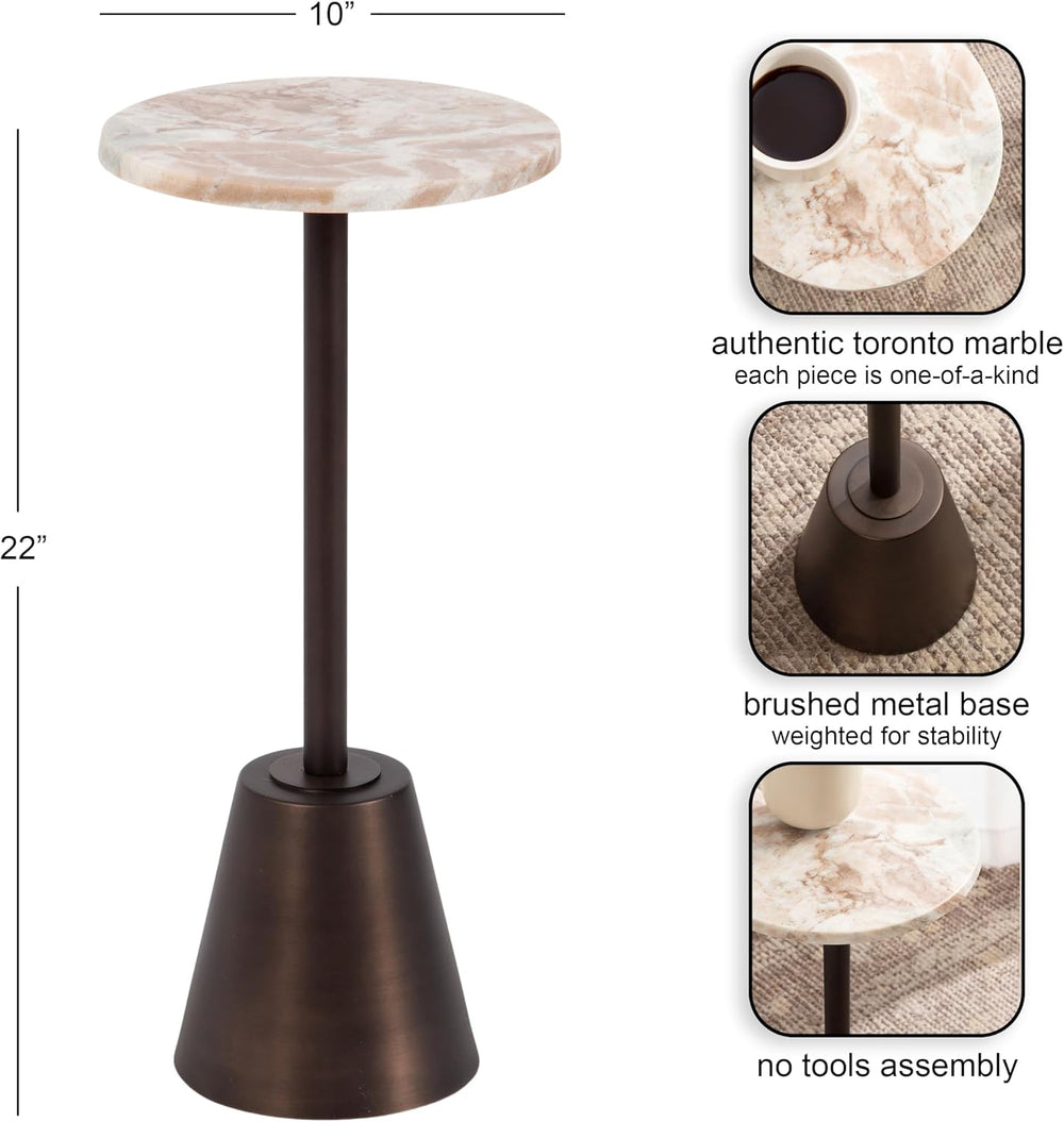 Kate and Laurel Tira Elegant Round Drink Table, 10 x 10 x 22, Brown Marble an...