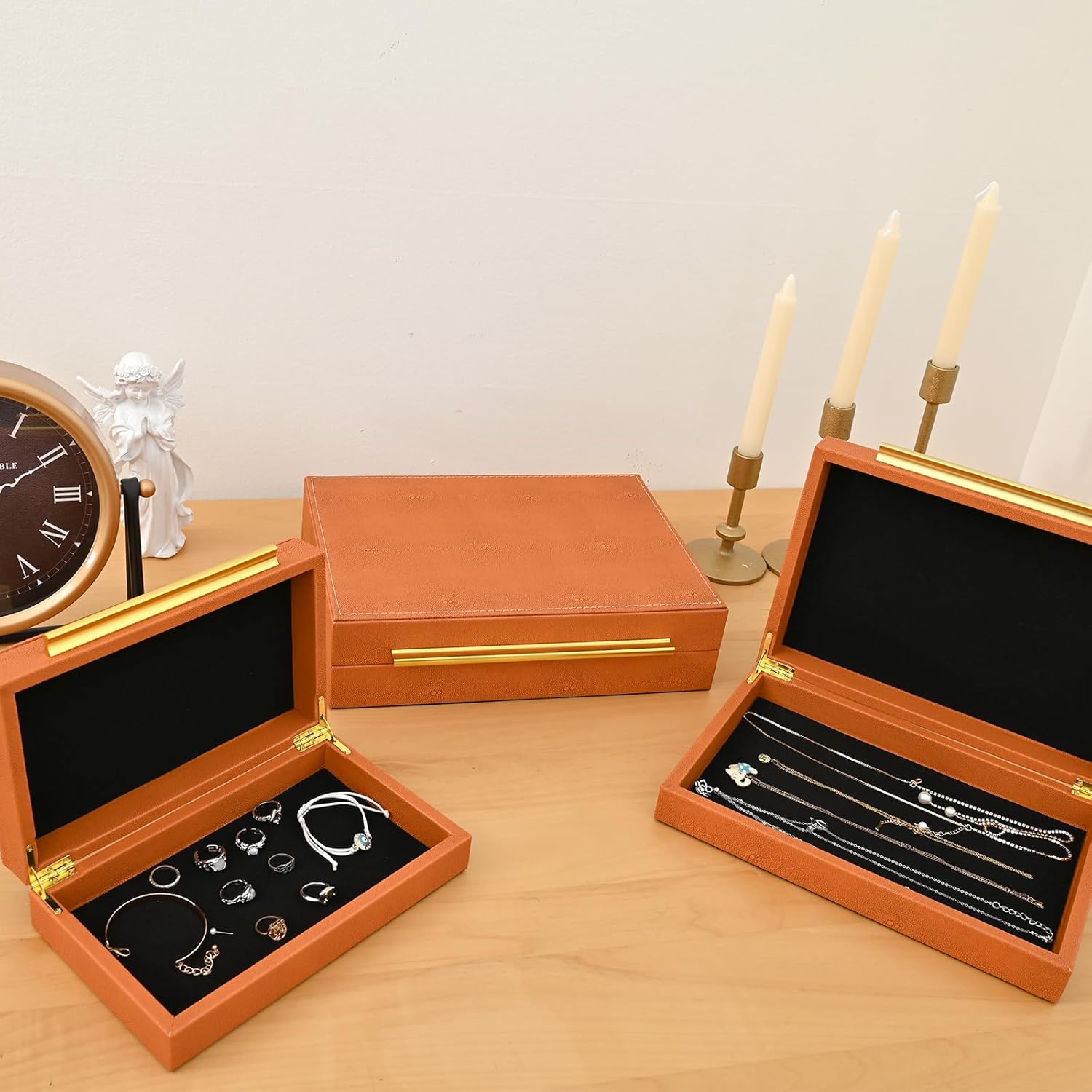 Faux Shagreen Leather Jewelry Storage Boxes Set of 3 with Gold Handles, Velvet Lined Stackable Organizer for Women, Vanity, Dresser, Gift, Burnt Orange