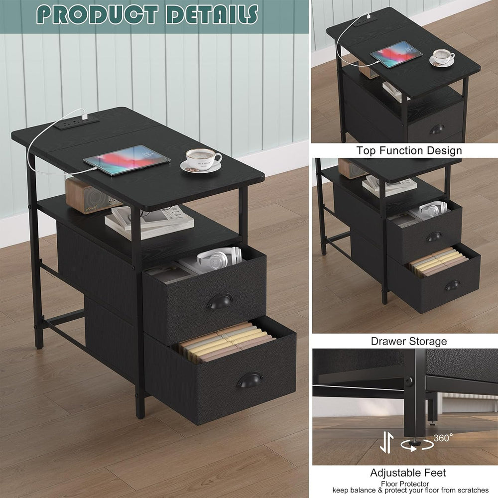 sthmec End Table with Charging Station, Narrow Side Table with 2 Drawers, LED...