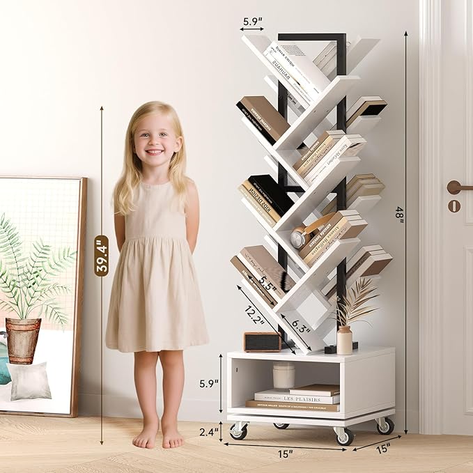 7 Tier Tree-Shaped Rotating Bookshelf, Double Sided, Small Bookcase with Storage Cabinet, Modern Tall Narrow Bookshelves Organizer, Floor Standing Book Shelf for Bedroom/Living Room, White