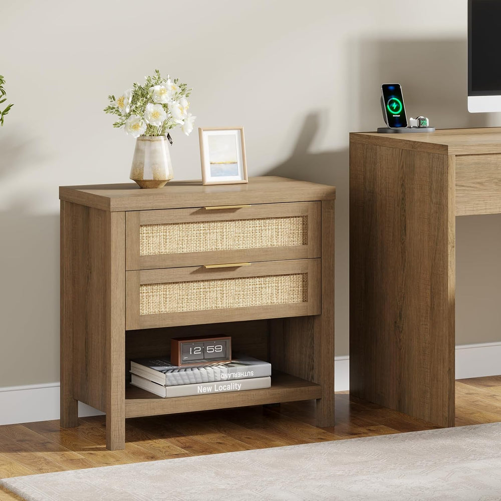 Eclatara Rattan Nightstands Set of 2 with 2 Drawers and Storage Shelf | Ratta...