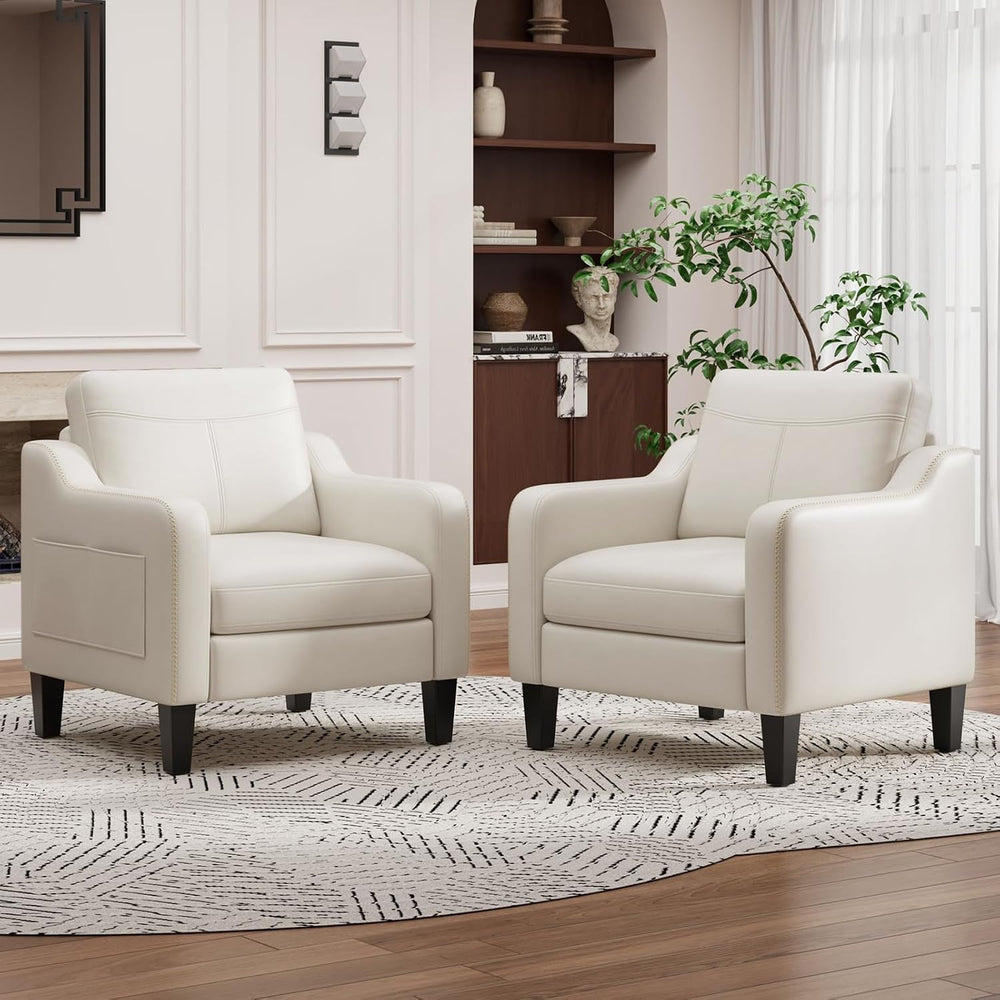 MALOL PU Leather Accent Chair Set of 2 with Solid Wood Frame, Beige