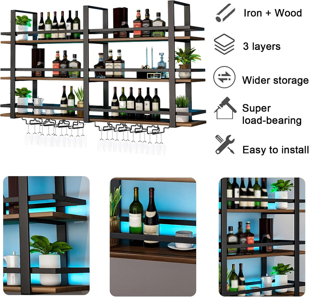 Wall Mounted Wine Rack with LED Light, Metal Liquor Bottles Display Shelf, Floating Shelves Display Storage Organizer, Wall Bar Shelves with Wine Glass Holder for Home Bar Kitchen (black, 39.4in)