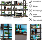 Wall Mounted Wine Rack with LED Light, Metal Liquor Bottles Display Shelf, Floating Shelves Display Storage Organizer, Wall Bar Shelves with Wine Glass Holder for Home Bar Kitchen (black, 39.4in)
