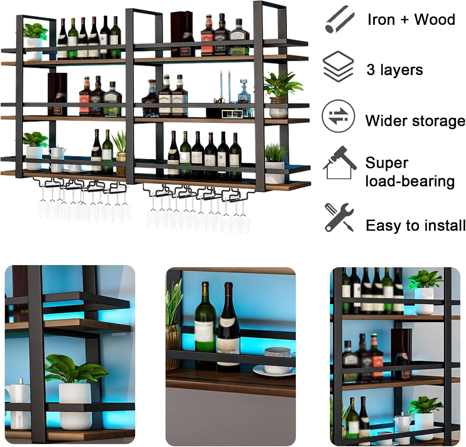 Wall Mounted Wine Rack with LED Light, Metal Liquor Bottles Display Shelf, Floating Shelves Display Storage Organizer, Wall Bar Shelves with Wine Glass Holder for Home Bar Kitchen (black, 39.4in)