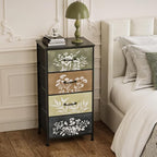 Tohomeor Vintage Dresser Vertical Nightstand with Neutral Botanical Plant Fabric Chest Drawers for Closet Bathroom Storage Tower Unit Bed Side Organizer Farmhouse Rustic (Multi, 4 Drawers)