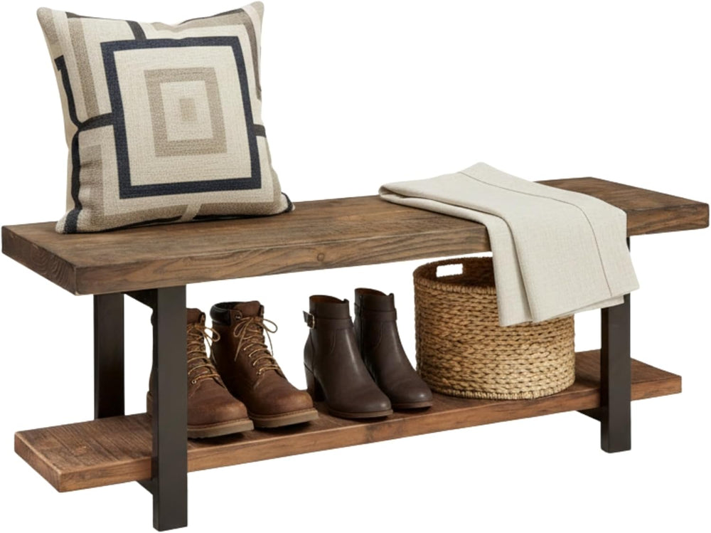 Pomona Solid Wood Entryway Bench with Shoe Rack, Rustic Brown, 48 Inch | Mode...