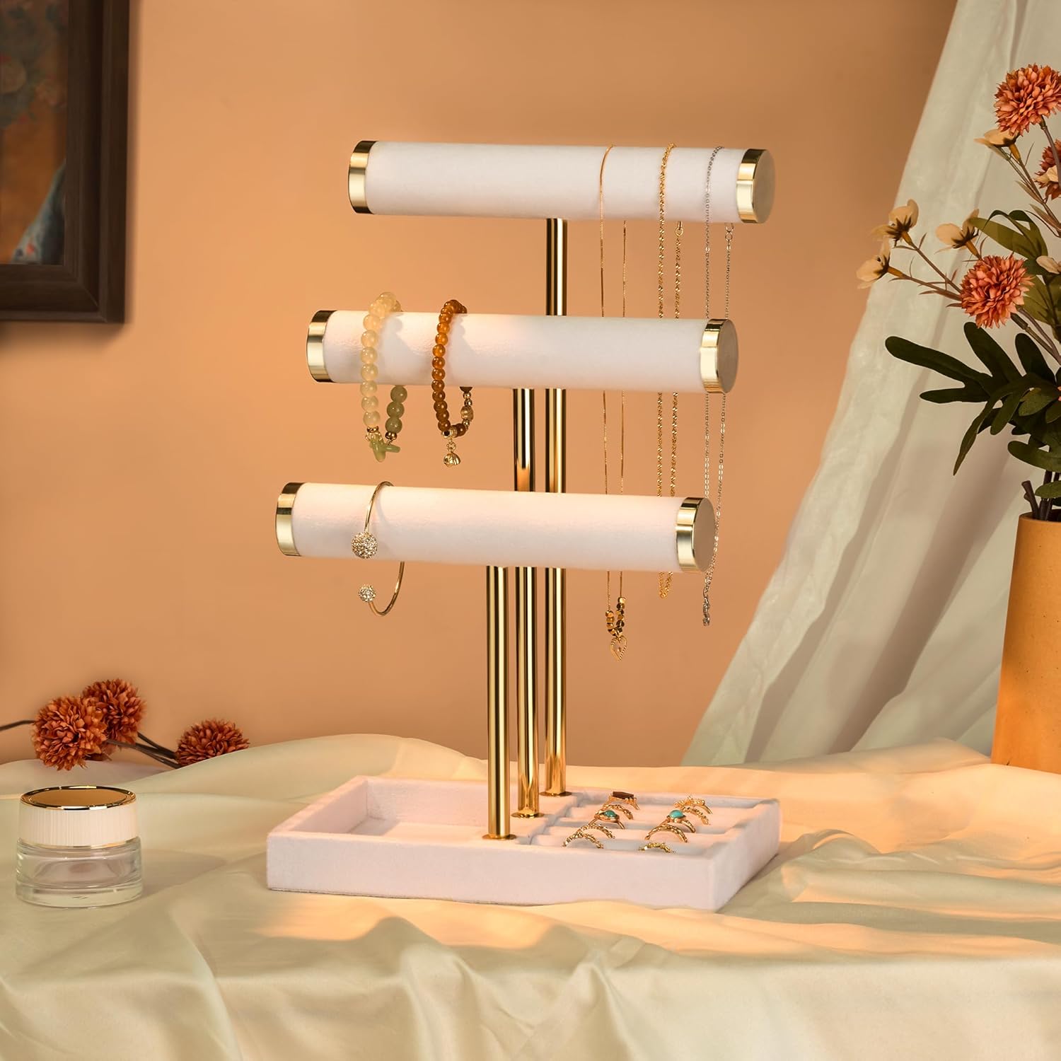 3 Tier Bracelet Holder Display - Detachable T Bar White Velvet Bracelet Holder, Jewelry Holder Organizer for Bracelet, Necklace, Watches, Rings