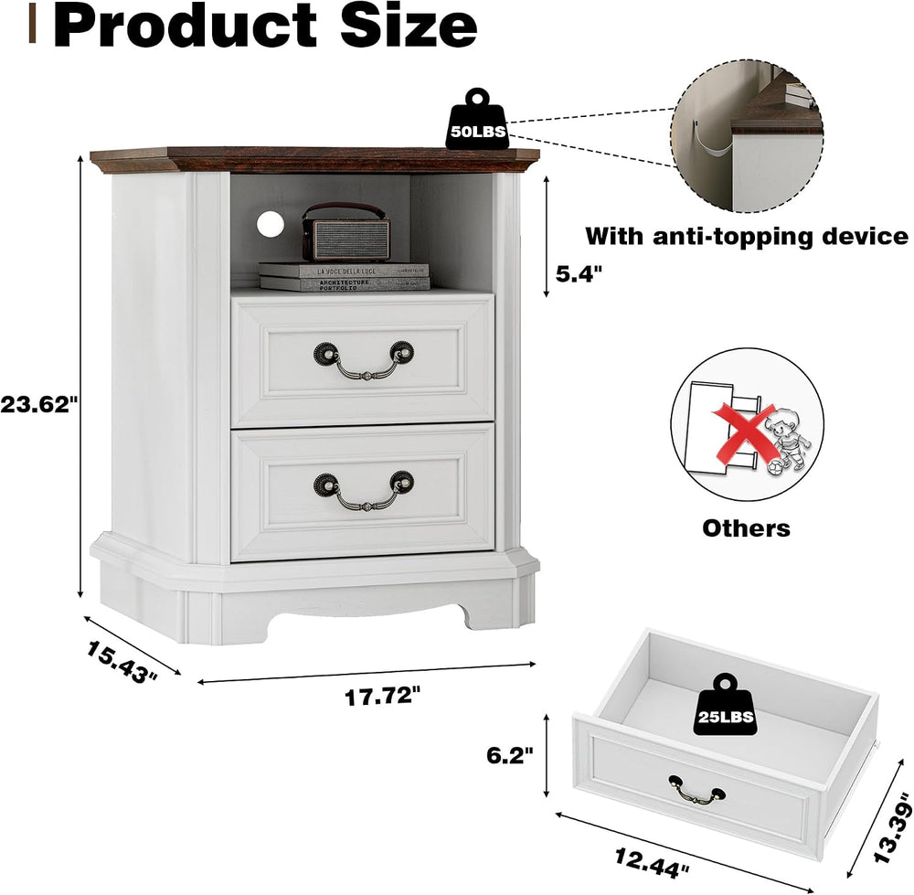 Xixini 18" Farmhouse 2-Drawer Wood Nightstand with Charging Station, Whi...