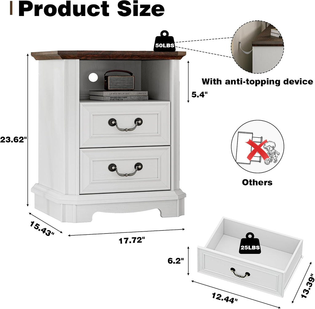 Xixini 18" Farmhouse 2-Drawer Wood Nightstand with Charging Station, White | Rustic Bedside Table with Vintage Metal Handles, Open Shelf, Spacious Storage, Sturdy Base Design, End Table for Bedroom