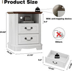 Xixini 18" Farmhouse 2-Drawer Wood Nightstand with Charging Station, White | Rustic Bedside Table with Vintage Metal Handles, Open Shelf, Spacious Storage, Sturdy Base Design, End Table for Bedroom
