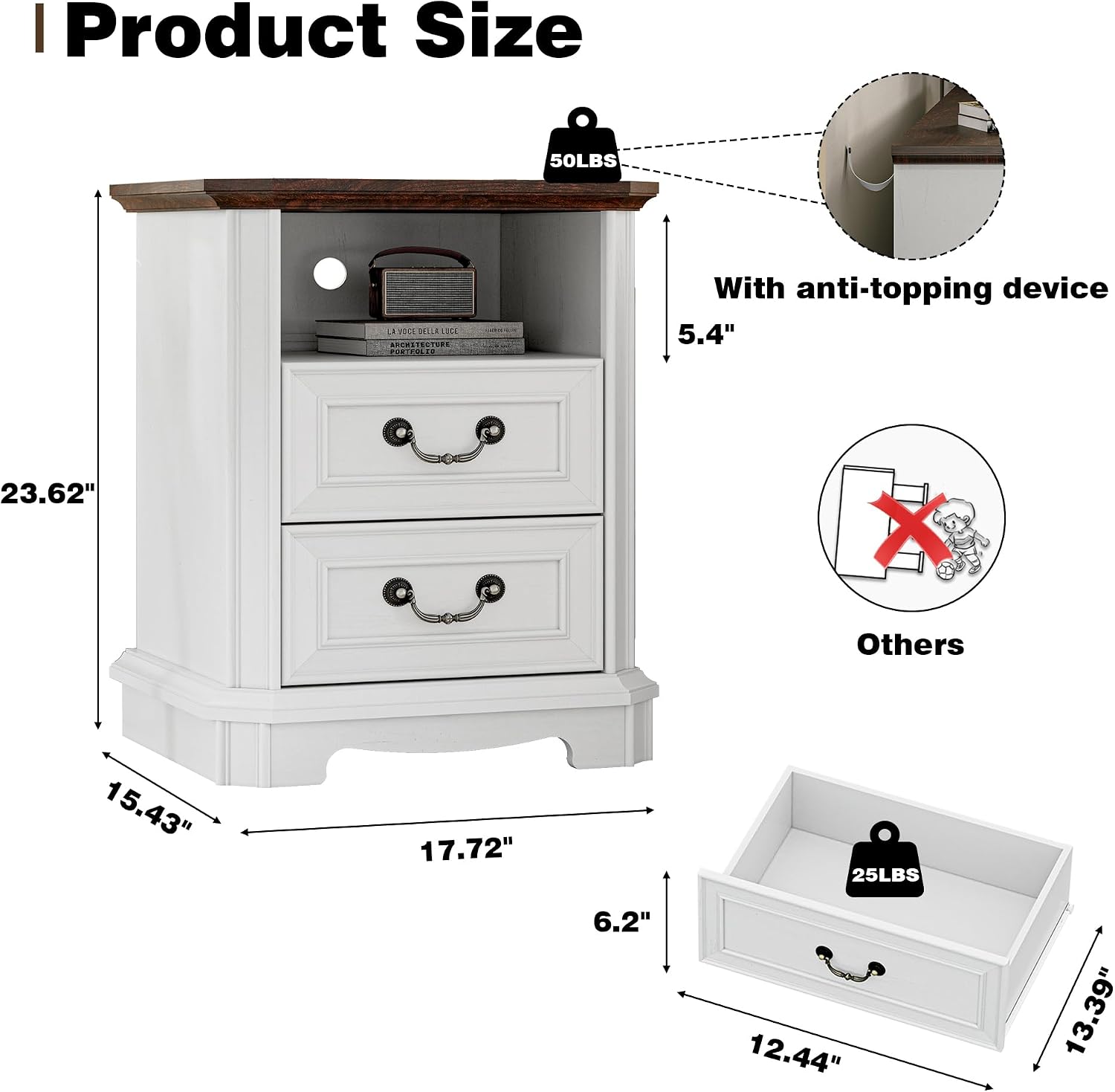 Xixini 18" Farmhouse 2-Drawer Wood Nightstand with Charging Station, White | Rustic Bedside Table with Vintage Metal Handles, Open Shelf, Spacious Storage, Sturdy Base Design, End Table for Bedroom