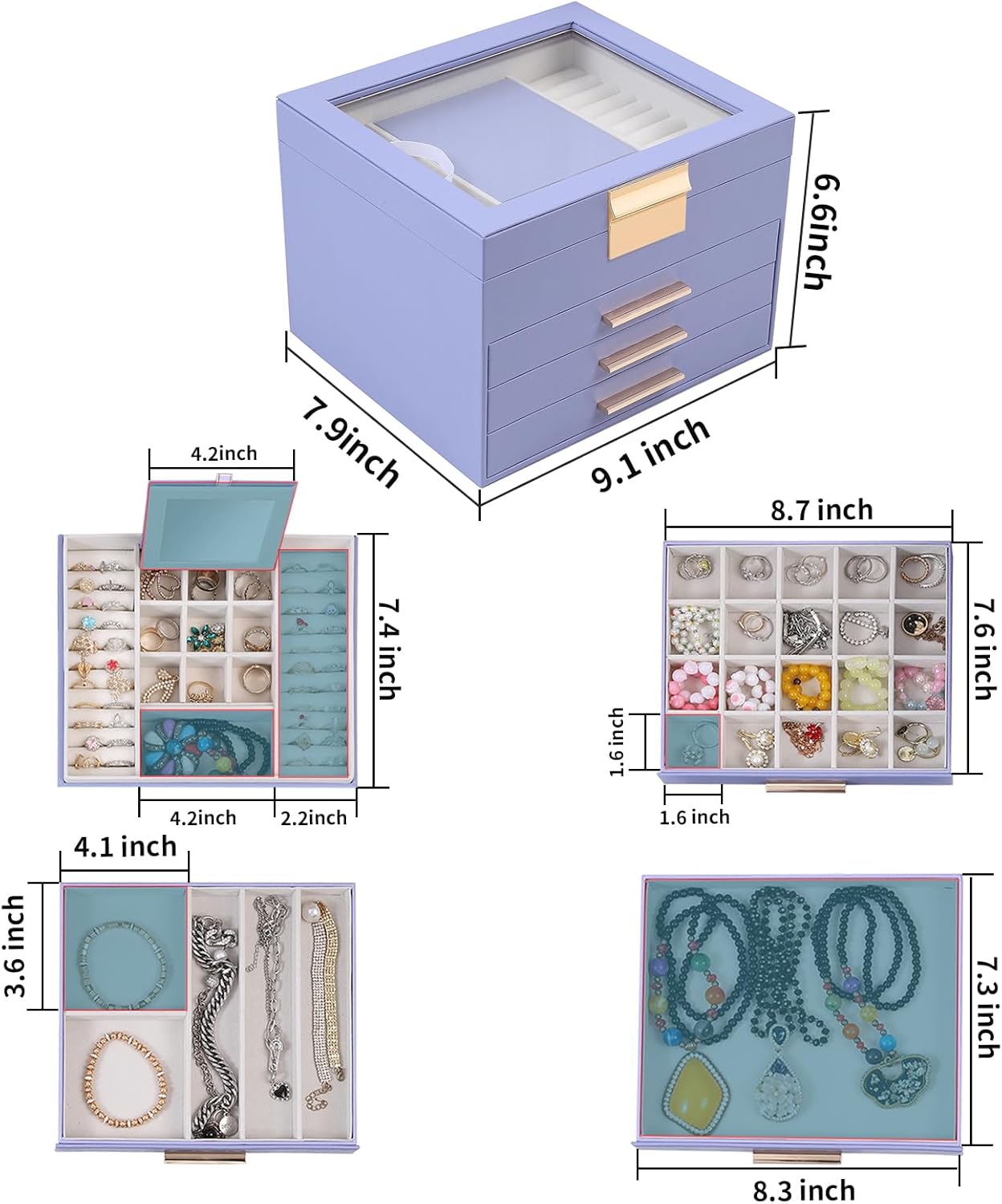 BOOVO Clear Lid Jewelry Box,4 Layers Jewelry Organizer Large Jewelry Storage Box with 3 Drawers,Jewelry Holder Organzier of Rings Earrings Necklace Bracelets for Women (Purple, 4 Layer)