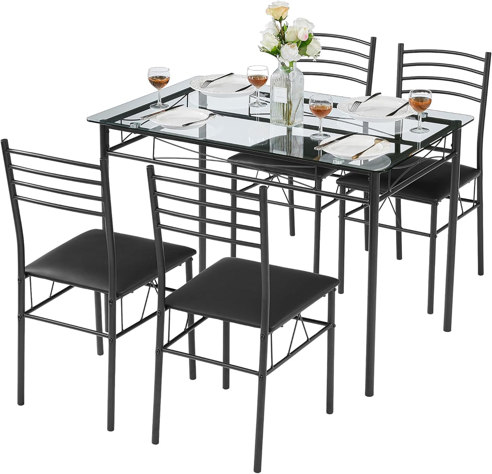 VECELO Dining Table Set for 4, 5-Piece Glass Kitchen Table with Upholstered P...