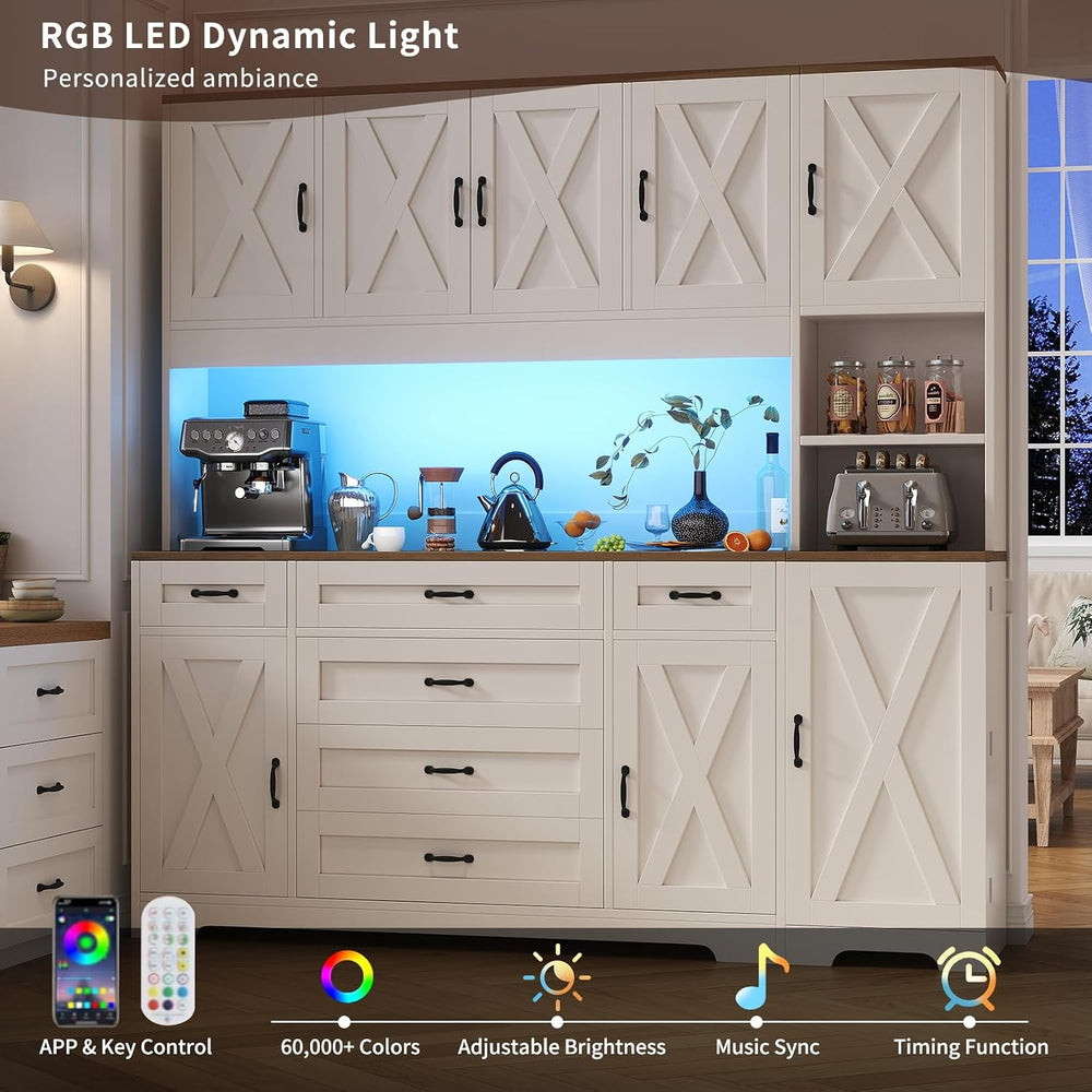 71" Farmhouse Pantry Cabinet with LED Lighting and Charging Station, Tal...