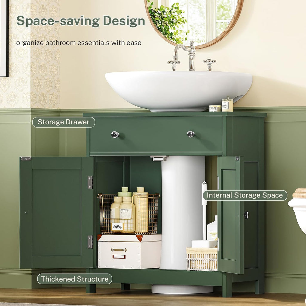 TEENFON Pedestal Sink Storage Cabinet with 2 Doors and Drawer, Bathroom Sink Cabinet, Under Sink Storage with U-Shape Cut-Out, Green UNYSG033V