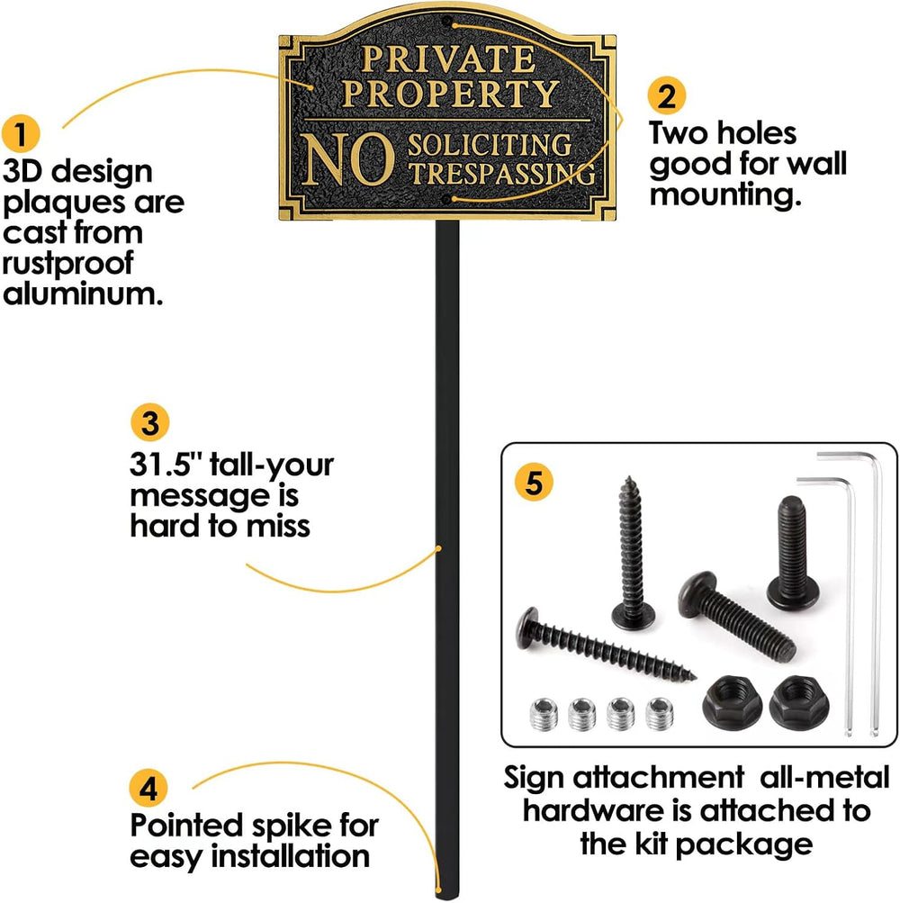 Private Property No Soliciting No Trespassing Cast Metal Yard Sign