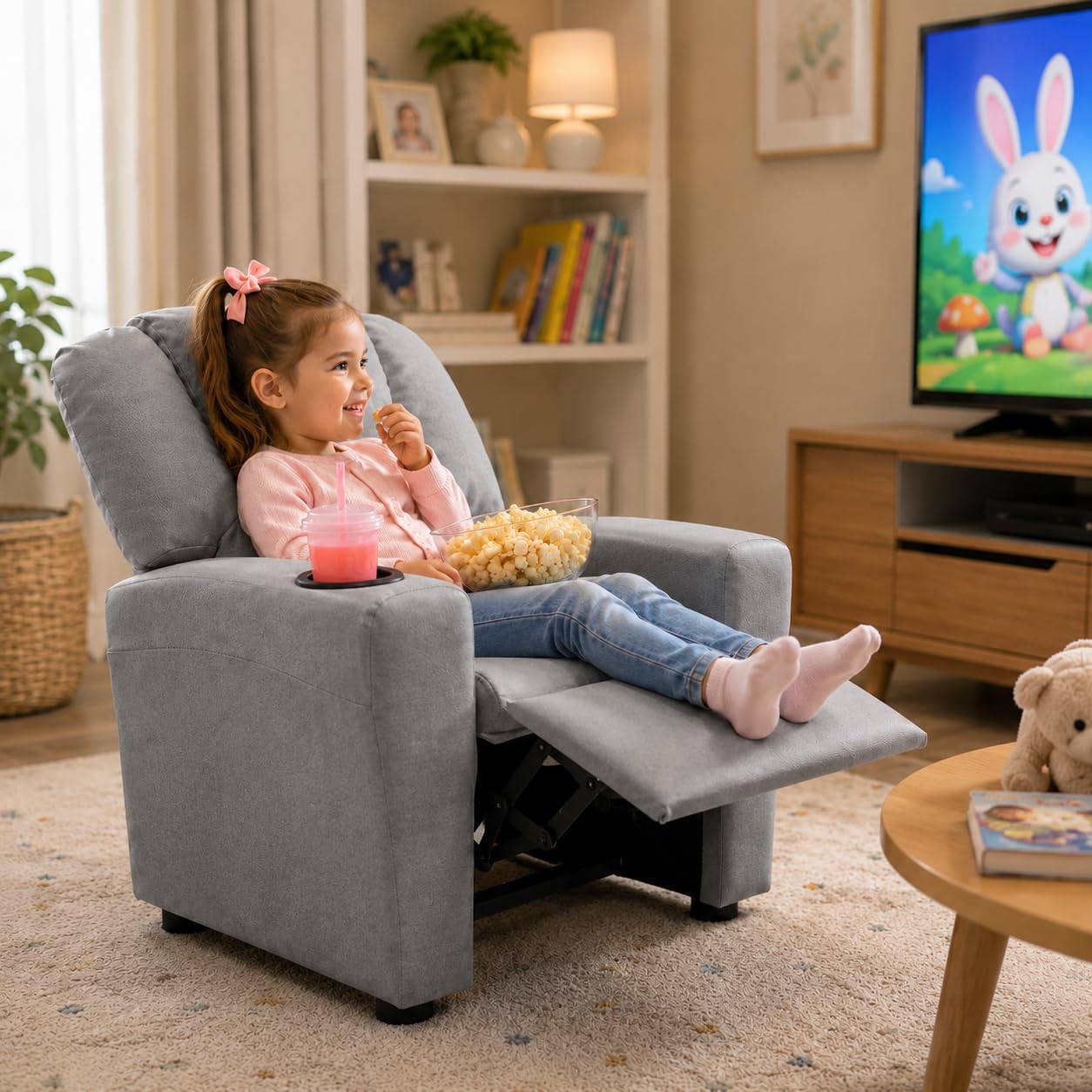 Naomi Home Suri Kids Recliner Chair: 150 Lbs Capacity & Solid Hardwood Frame for Ultimate Durability. Built to Grow Toddler & Children Sofa with Cup Holder, Footrest & 3 Recline Positions - Gray