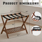 Bamboo Luggage Rack with Shoe Shelf Folding Suitcase Stand with 5 Heavy-Duty Straps for Guest Room Living Room Hotel Ideal Luggage Holder for Suitcases Bags Shoes,Walnut Brown