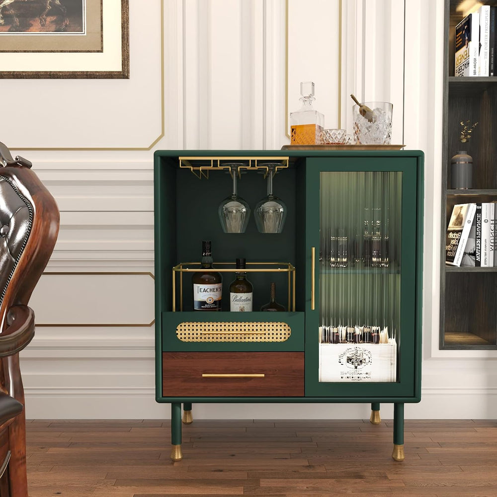 ARTPOWER Modern Coffee Bar Cabinet with Pull-Out Wine Storage, Green | Bar Ca...