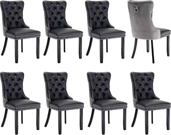 Modern Dining Chairs Set of 8, Tufted Upholstered Dining Chair with Solid Wood Legs, Velvet and Leather Dining Chairs, Sillas de Comedor, Comfy Kitchen Chair (Black+Gray, 8Pcs)