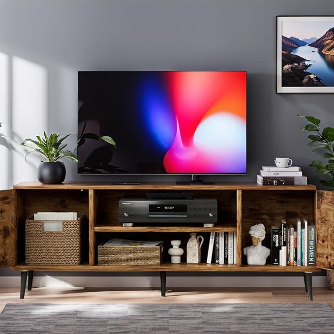 YESHOMY Modern TV Stand for 65" Television, Entertainment Center with Two Storage Cabinets, Retro Style Media Console for Living Room, Bedroom, Office, 58 Inch, Rustic Brown