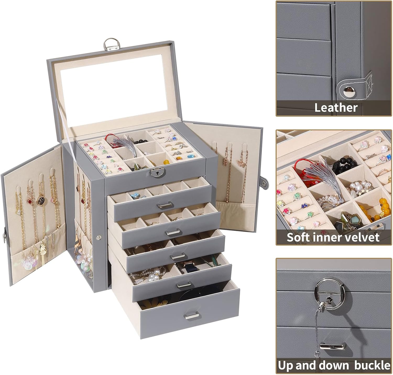 BOOVO Jewelry Box For women, 6 Layer Large Jewelry Organizer With Mirror, Multi-Function Storage Box With Lock, Accessory Holder With 5 Drawers, For Earrings Necklace Ring Bracelet (Gray)