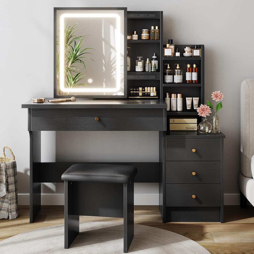 Black Vanity Desk with Sliding Mirror and Lights, Makeup Desk with Chair