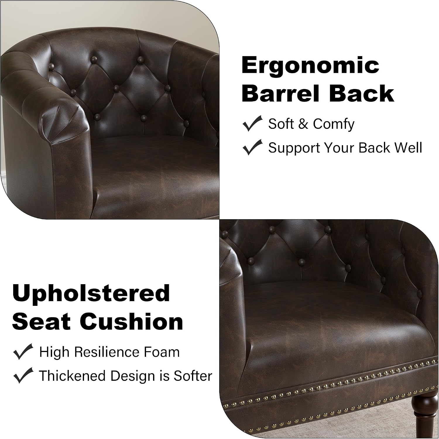 Faux Leather Barrel Accent Chair with Nailhead, Chocolate, Set of 1 | Low-Back Design | Solid Wood Frame & Legs | High-Density Foam Seat | For Living Room, Bedroom, Reception & Office