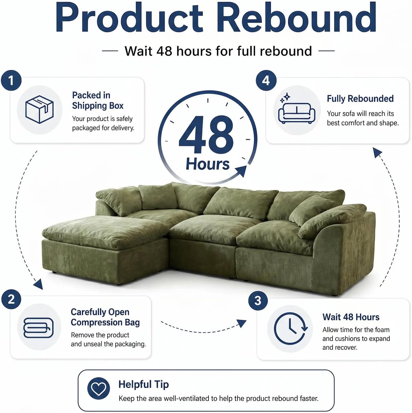 Oversized Cloud Couch Sectional Sofa for Living Room, Modular L Shaped Boneless Chenille Sofa with Chaise Lounge, Deep Seat Convertible Couch, Compressed No Assembly Floor Sofa(Green)