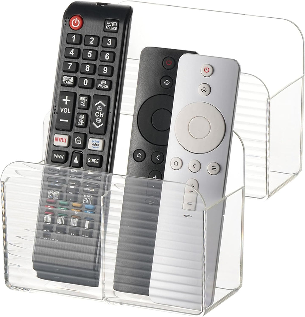 LINFIDITE 2 Pack Adhesive TV Remote Control Holder Wall Mount TV Remote Holder For Bedside Wall Remote Control Caddy Storage Organizer Stand Box （For 2 Or 4 Remote Controls – Transparent ）