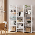 NUMENN Triple Column 5 Tier Bookshelf with 14 Adjustable Shelves, White | Metal Frame & Wood Shelves, Open Freestanding Storage Unit with Supporting Bars for Bedroom, Living Room and Home Office