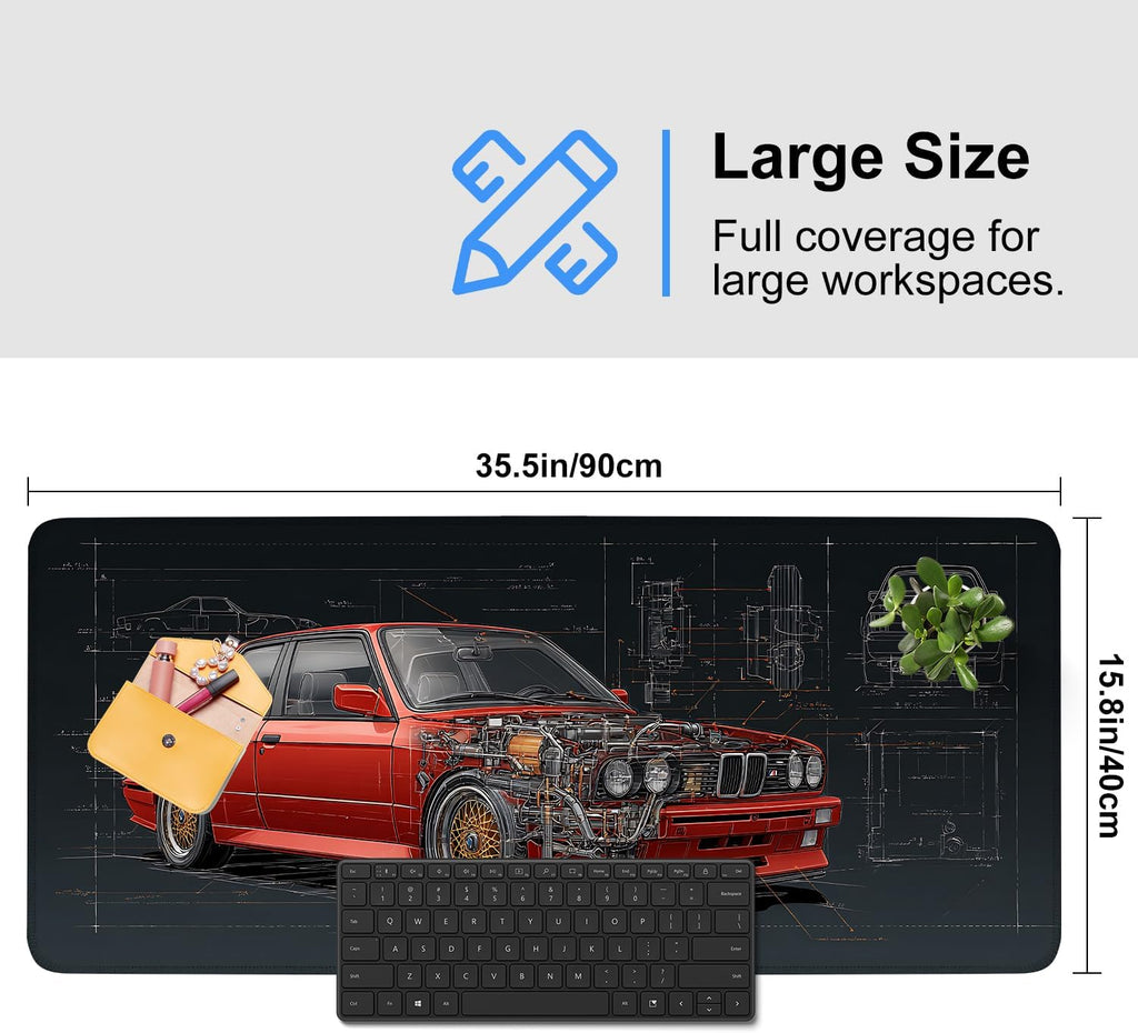 Retro Car Blueprint Mouse Pad – Large Extended Desk Mat 35.43 x 15.75 in – Classic Red Tuner Car Cutaway with Engine Diagram, Waterproof Surface, Non-Slip Rubber Base, Keyboard & Mouse Pad