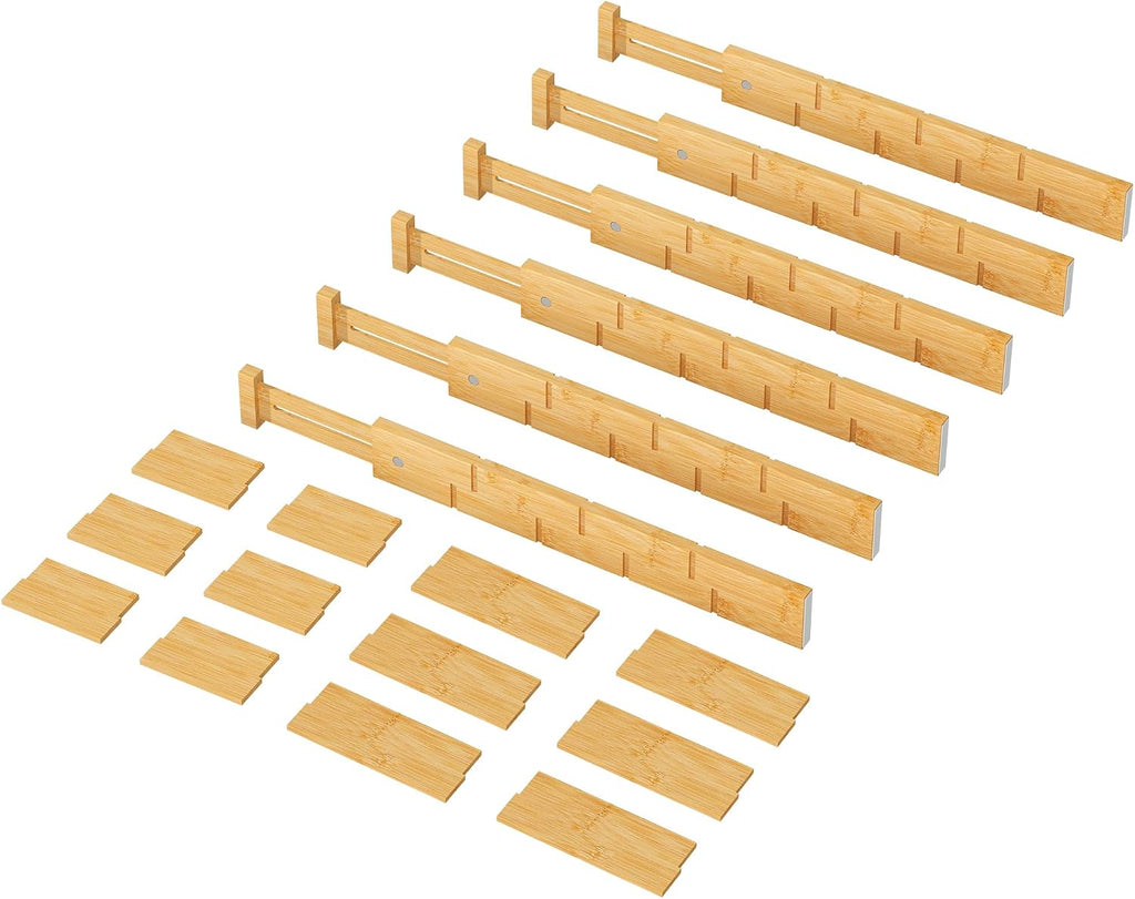 kiplant Bamboo Drawer Dividers - Adjustable Drawer Dividers for Kitchen, Clothes, Closet & Office - 6 Pack with Inserts, 18-22.6 Inches, Non-Slip Silicone Ends