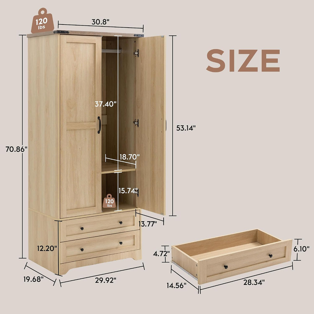 Brafab 2 Doors Wooden Armoire Wardrobe Closet with 2 Drawers, Natural | 2 Mod...