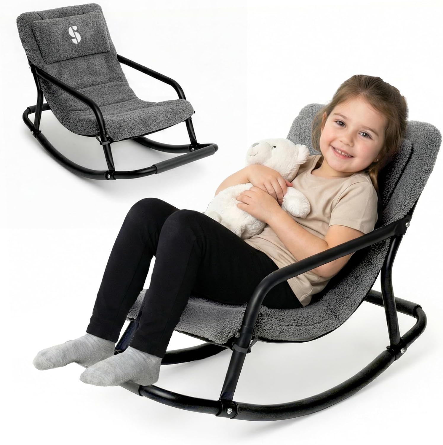 Special Supplies Sensory Boucle Rocking Chair for Kids - Comfortable Kids Rocker- Versatile Floor Chair with Soft Fabric and Stability for Playroom, Bedroom, or Nursery (Ages 3+) - Charcoal