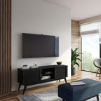 SIMPLIHOME Draper TV Stand - 60 inch Wide Solid Wood Low Media Console in Black, Mid Century Modern Entertainment Center for Living Room for TVs up to 65 Inches with Cabinets and Cable Management